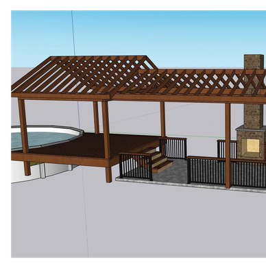 3D model of a wooden deck with pergola and stone fireplace.
