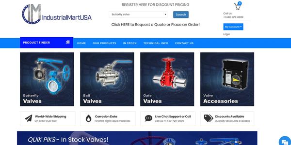 IndustrialMartUSA website showcasing various valves and accessories for industrial use.