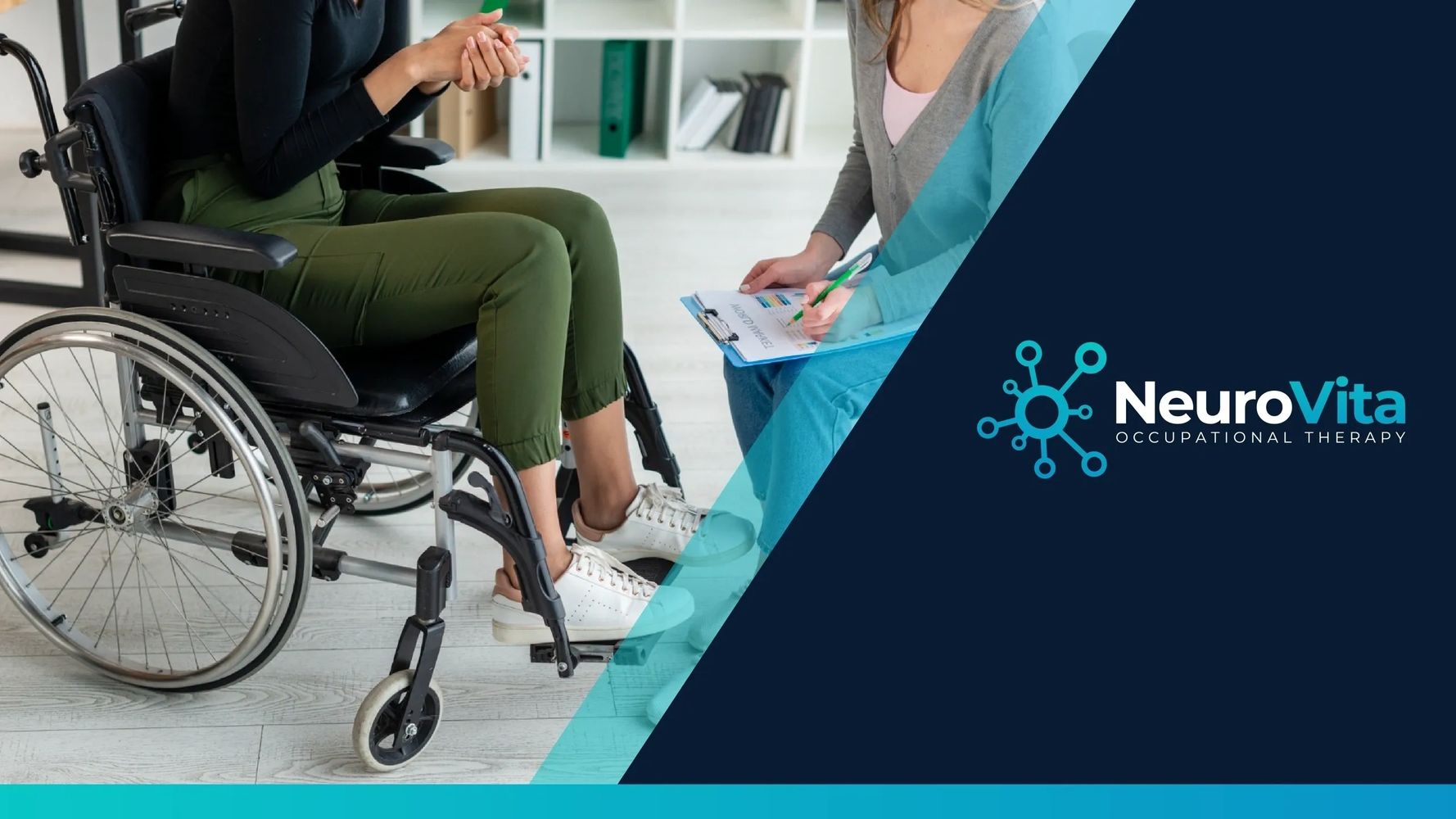 A person in a wheelchair consulting with an occupational therapist holding a clipboard.
