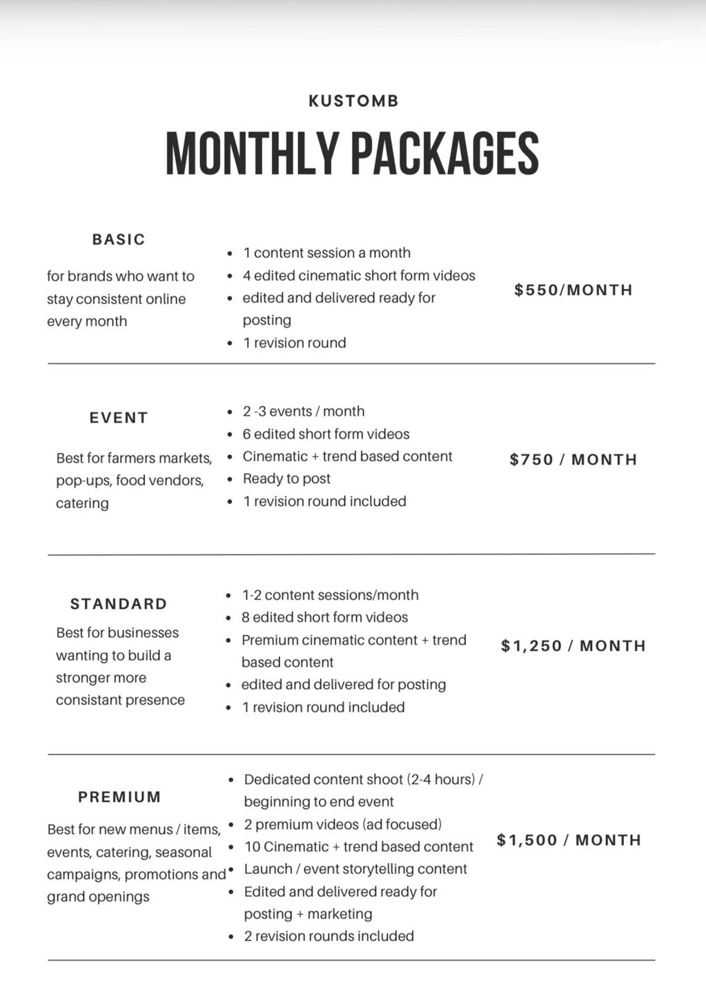 KUSTOMB monthly content creation packages with varying levels of videos and services priced from $550 to $1500 per month.