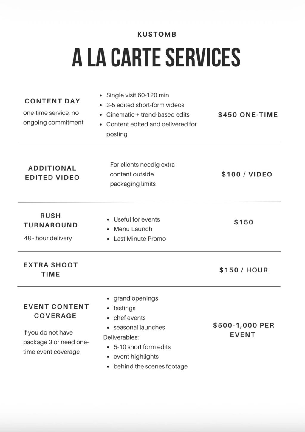 KustomB A La Carte Services with video editing and event coverage options.