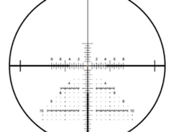 View through a rifle scope reticle with detailed measurement markings.