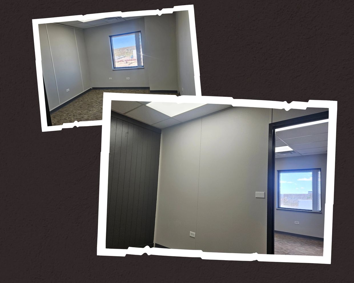 Two photos of a small empty office room with gray walls and a window.