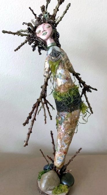 Pomona -Tree Goddess.  Made from peach tree braches, tree fern, moss, paper mache'  jewelry and gold