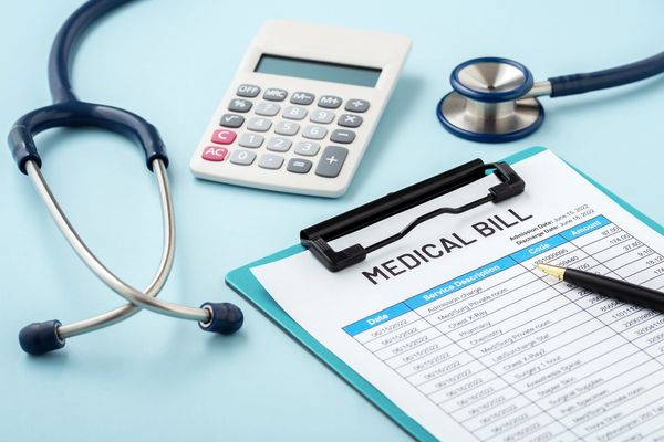 Medical bill with pen and stethoscope on blue bakcgorund