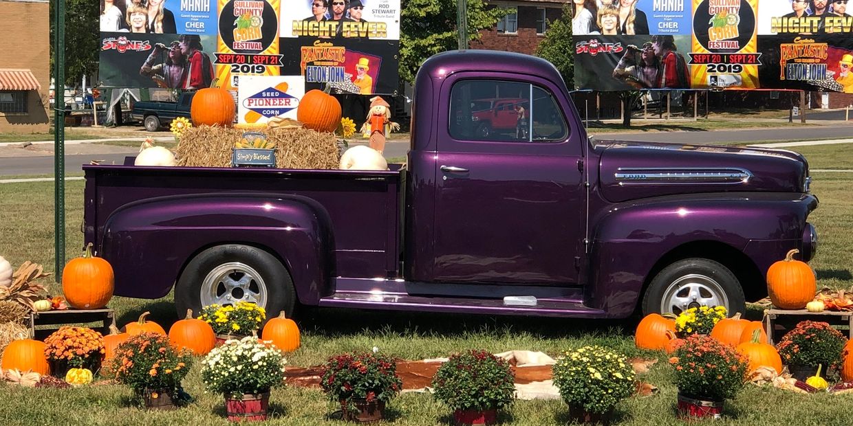 Sullivan County Corn Festival decoration. A purple classic truck.