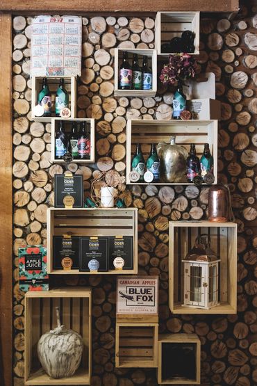 Display wall in tasting room with awards