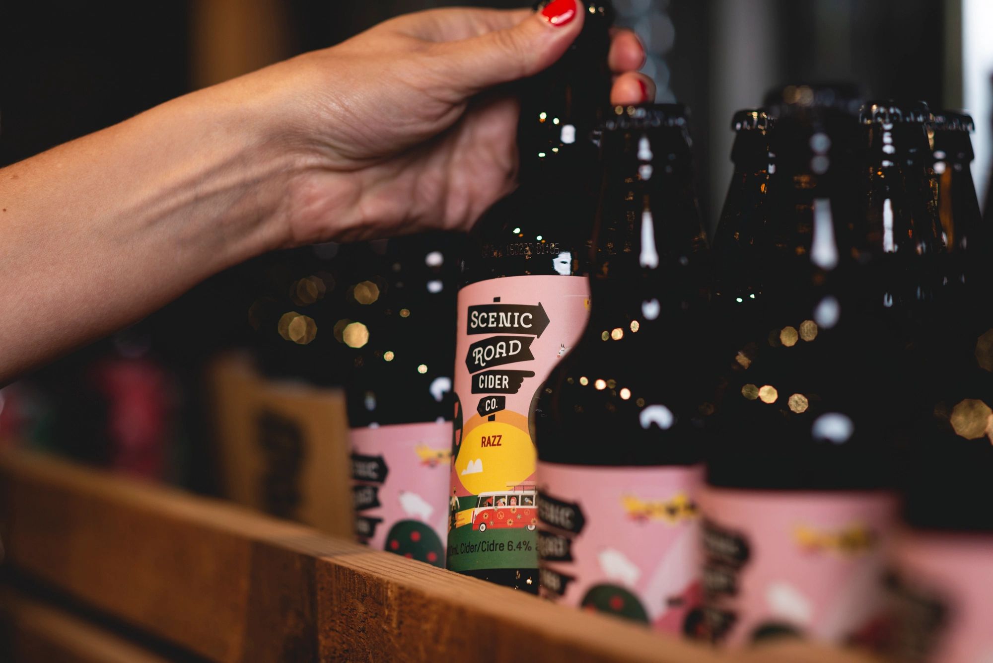 Razz cider in the Scenic Road Cider Co. tasting room