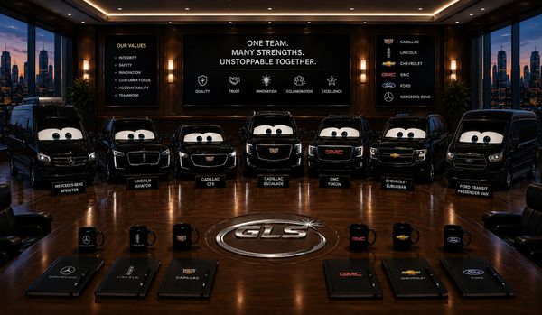 Seven animated black vehicles with eyes in a boardroom.