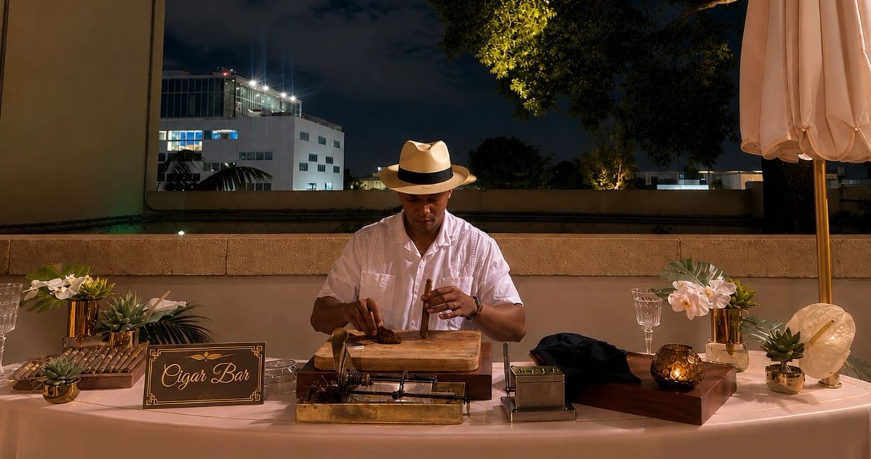 Man rolling cigars at a night cigar bar.