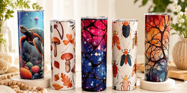 Colorful tumblers with nature-themed designs.