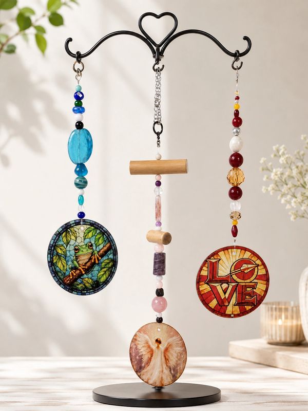 Colorful hanging decorations with beads and circular pendants on a black stand.