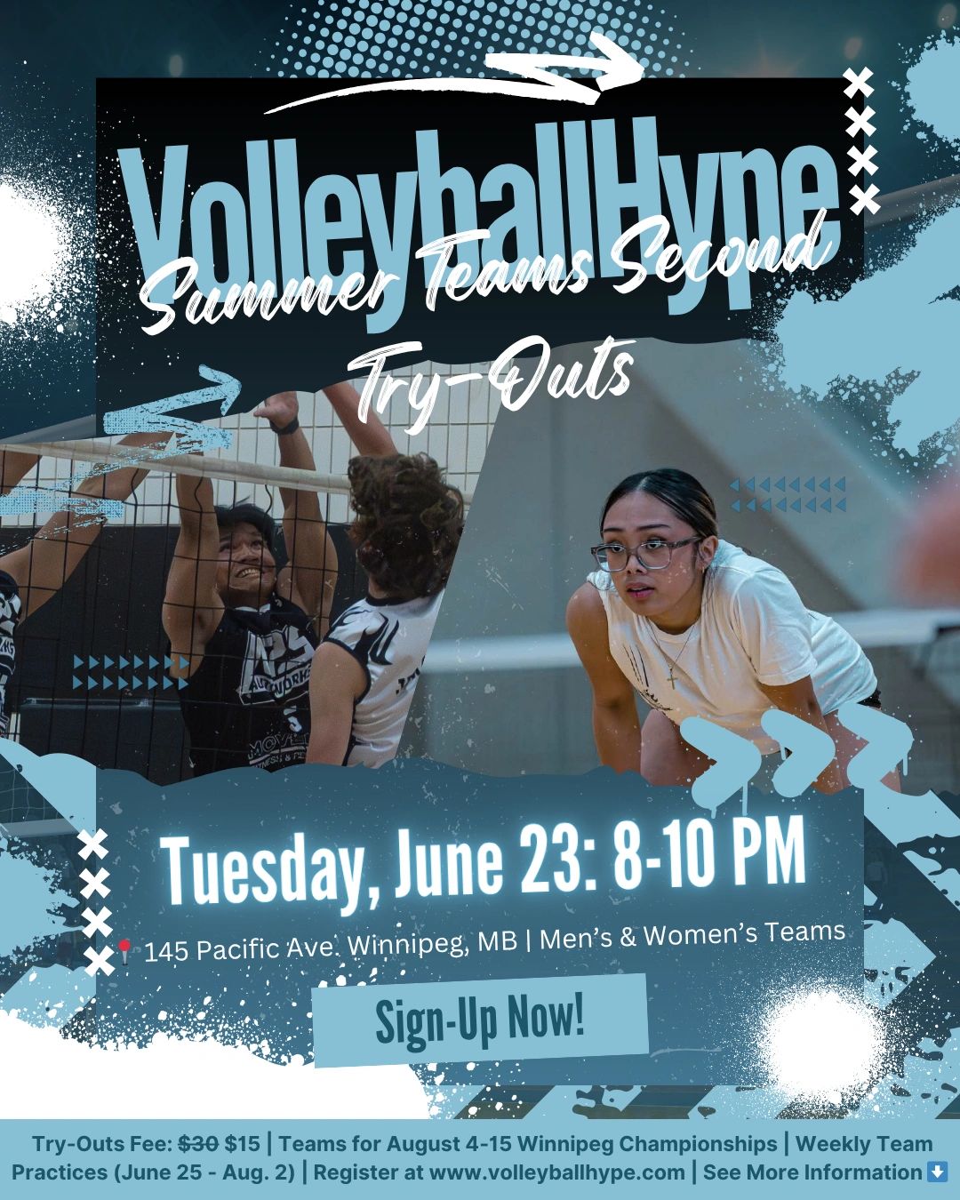 VolleyballHyne Summer Teams Second Try-Outs on June 23 from 8-10 PM in Winnipeg.