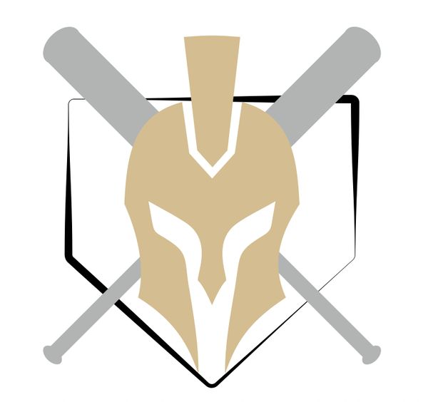 Spartan helmet with crossed baseball bats and home plate background.
