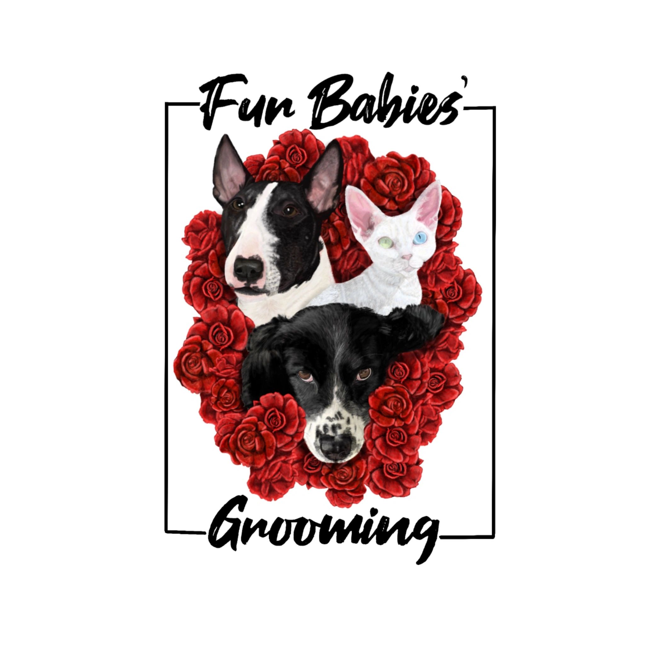 Fur Babies' Grooming logo with dogs and a cat between roses