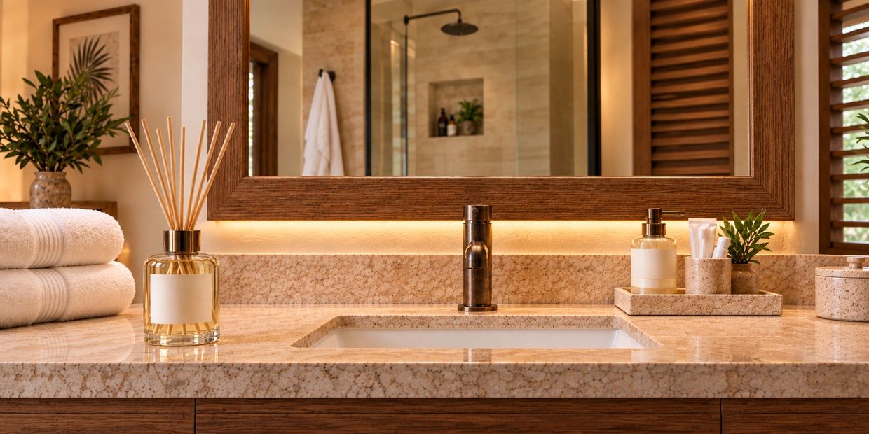 Elegant bathroom countertop with faucet and decorative items.