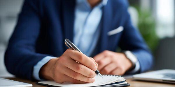 Person in suit writing in notebook with a pen. No-obligation consultation.