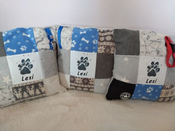 Three patchwork cushions with paw prints and 'Lexi' embroidered on them.