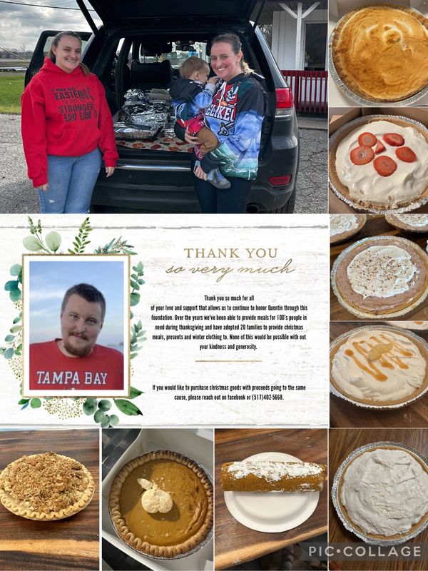 Two women with child beside an open car trunk filled with food for a charity event honoring Quentin.