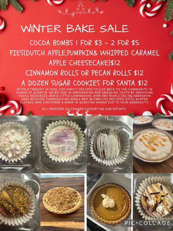 Winter bake sale flyer with cocoa bombs, pies, cinnamon rolls, and sugar cookies for charity.