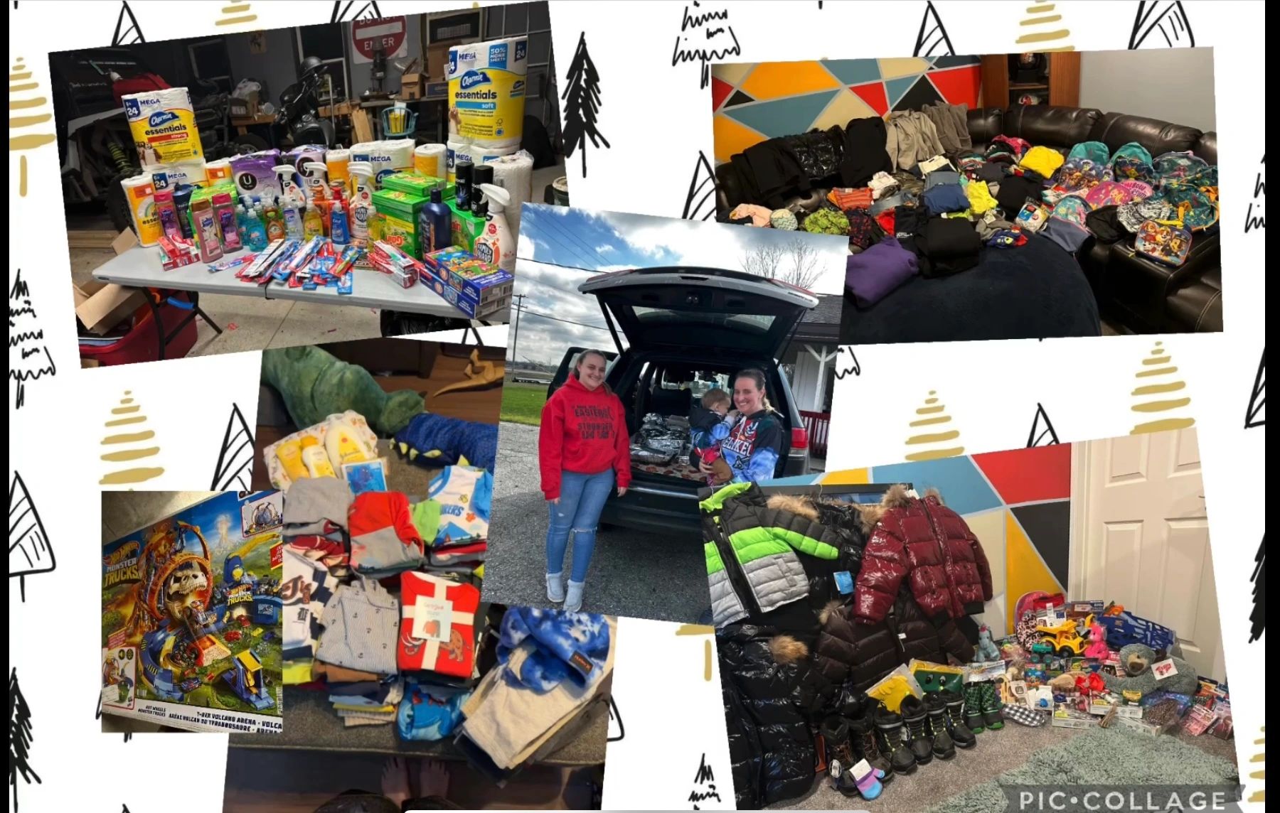 Collage of donated clothes, toys, toiletries, and supplies ready for distribution.
