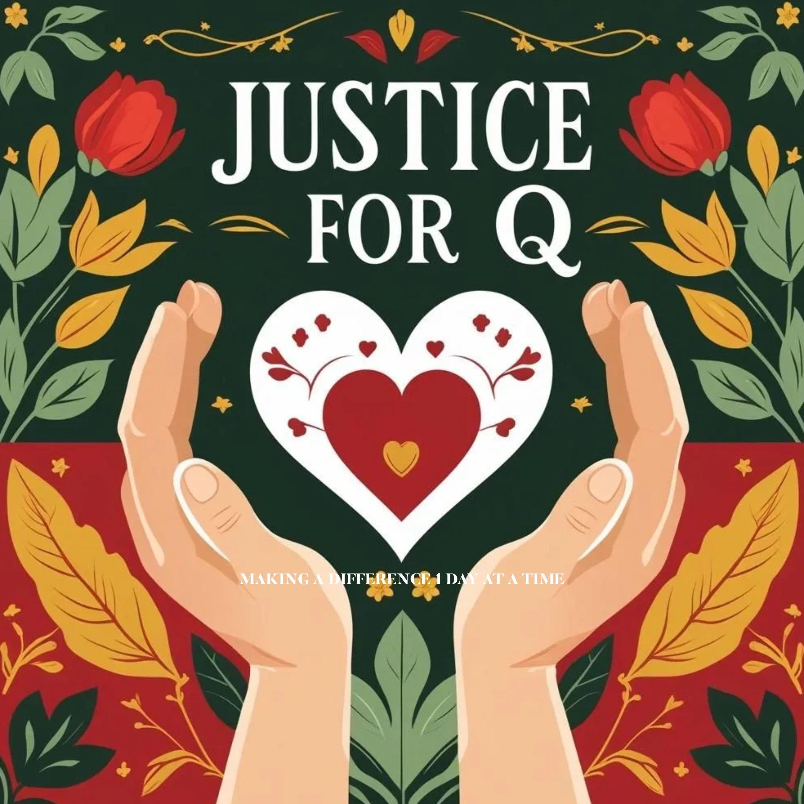 Illustration with hands holding a heart, flowers, and the text 'Justice for Q'.