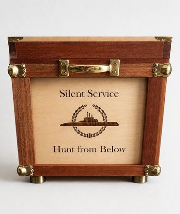 Silent Service chest with submarine engraving, brass hardware, and Hunt from Below inscription.