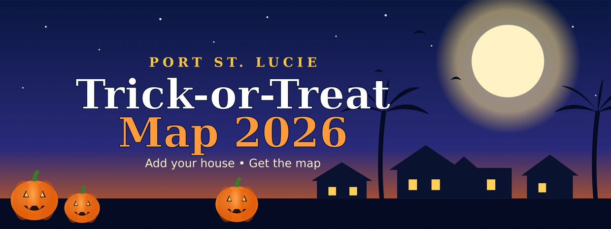 Halloween night scene with pumpkins and Port St. Lucie Homes: Port St. Lucie Trick-or-Treat Map 2026