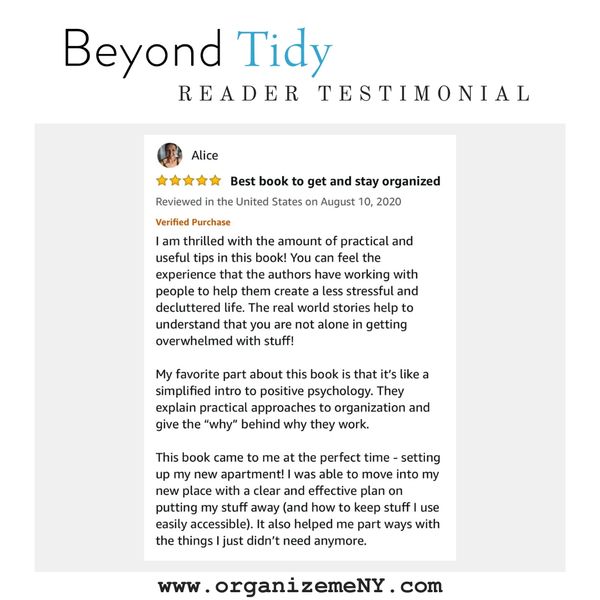 Reader testimonial for Beyond Tidy: Declutter Your Mind and Discover the Magic of Organized Living.