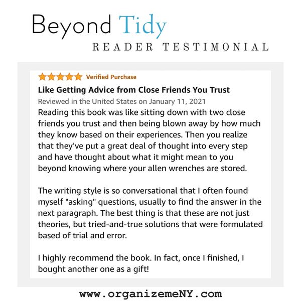 Reader testimonial for Beyond Tidy: Declutter Your Mind and Discover the Magic of Organized Living.