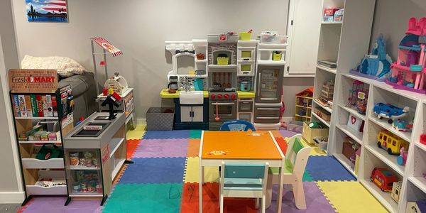 A large organized children's playroom.