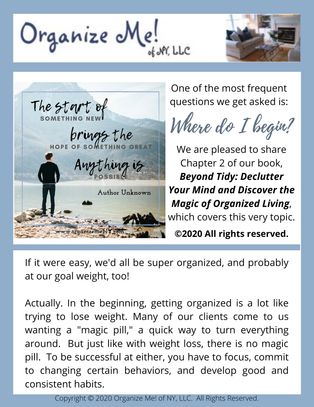 A motivational quote about beginnings and organization with a scenic mountain background.