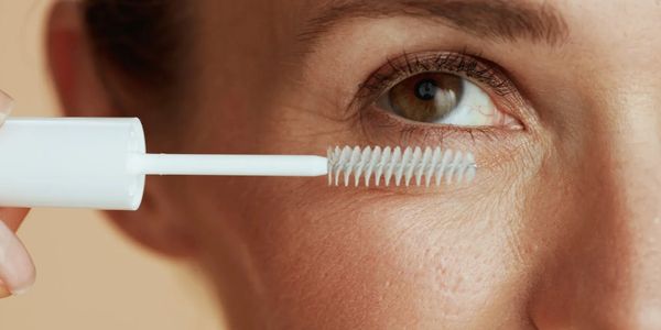 Close-up of a woman applying clear mascara to her eyelashes.
