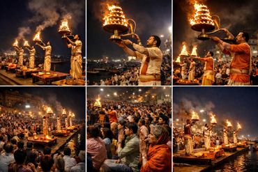 Priests performing a traditional fire ritual by the river with a large crowd watching.