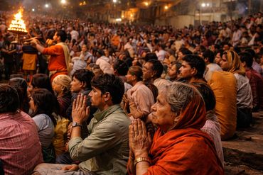 Large crowd engaged in a nighttime religious ceremony with prayer and fire.