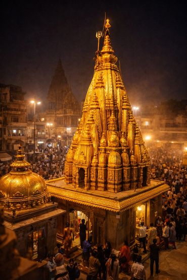 Golden temple illuminated at night with a crowd of devotees.