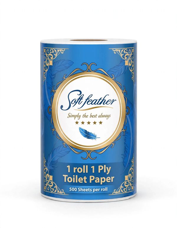 Blue roll of Soft Feather toilet paper with gold accents.