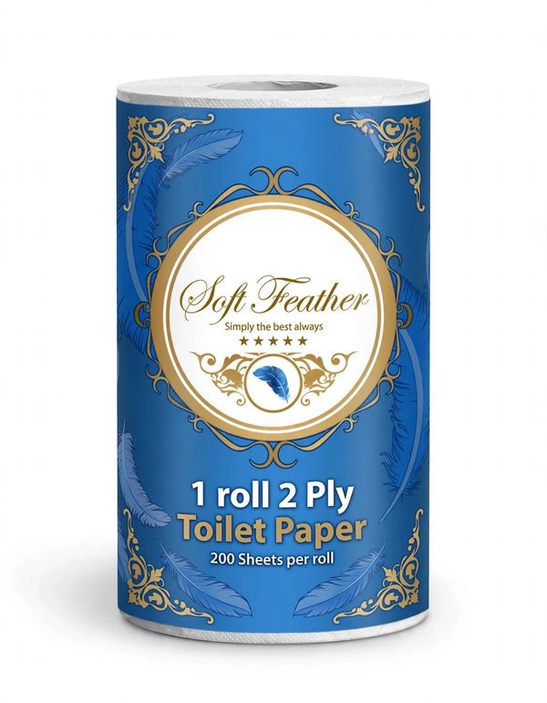Soft Feather 2-ply toilet paper roll.