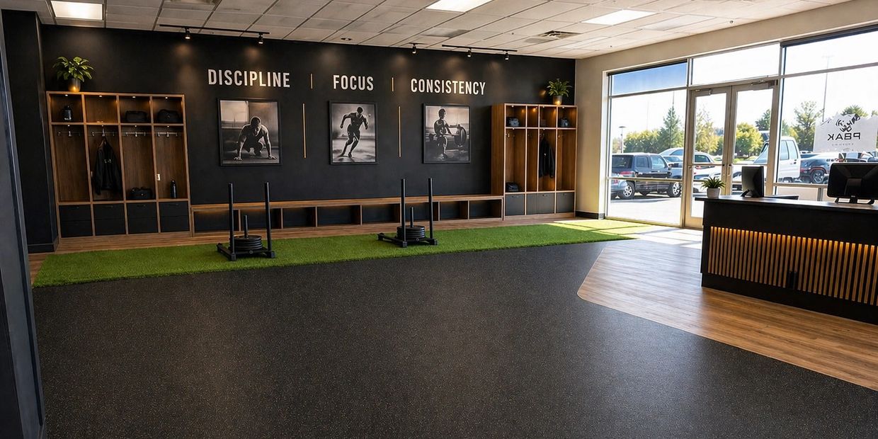 Modern gym entrance with motivational words, lockers, and workout sleds on artificial turf.