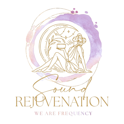 Elegant watercolor logo with an ethereal woman, looking at the moon, holding a crystal singing bowl and the words 'Sound Rejuvenation'