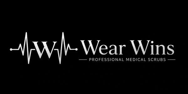 Wear Wins logo with heart monitor line and medical scrubs tagline.