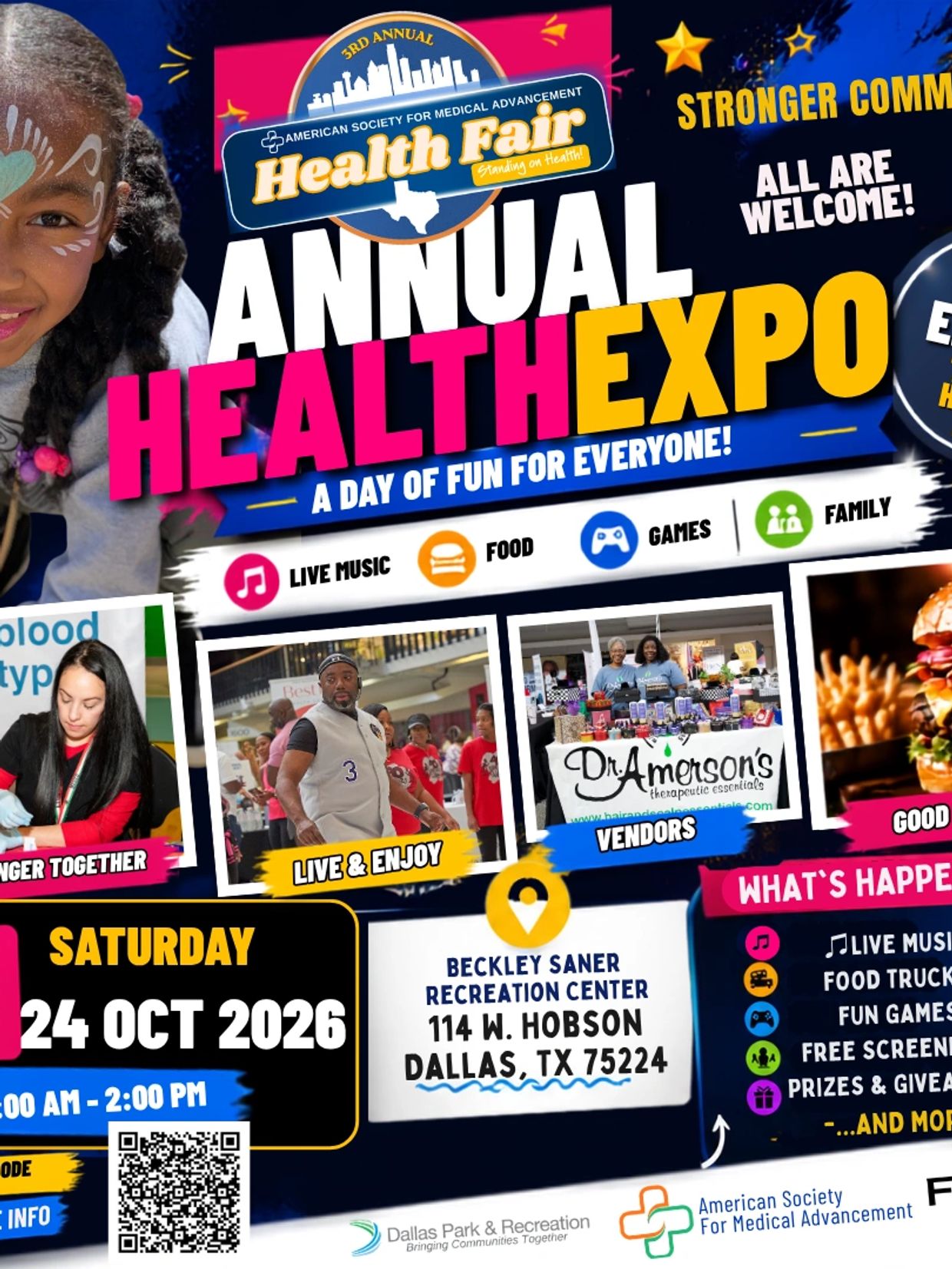 Annual Health Expo with music, food, games, and family fun in Dallas.