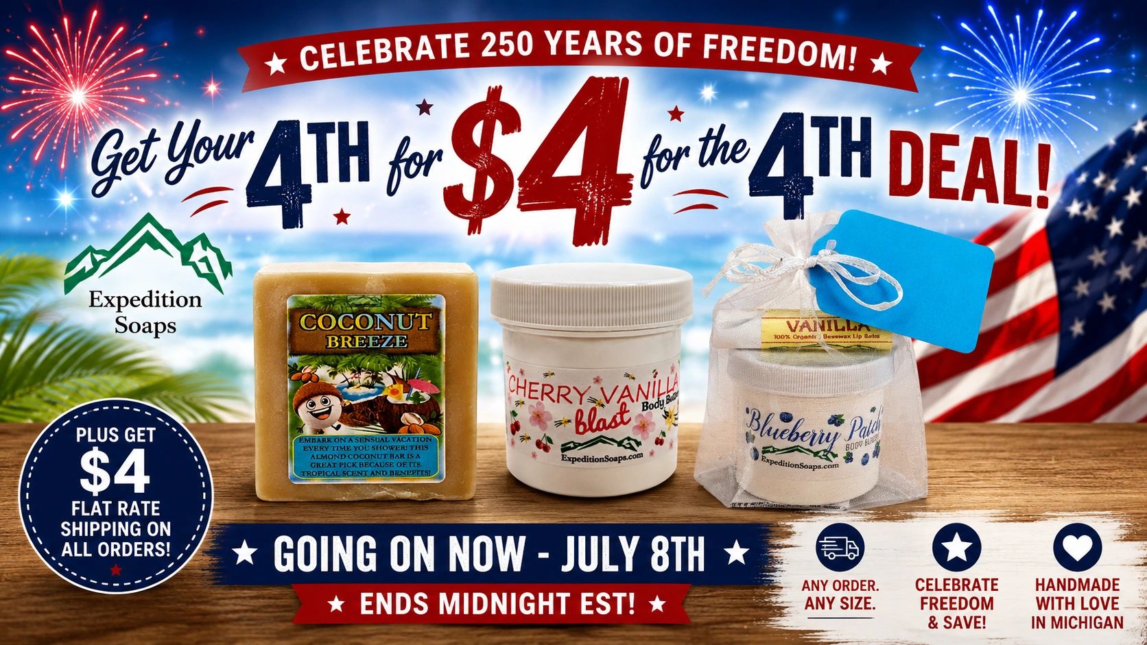 4th of July Deals Handmade Skincare Soap Lotion Body Butter, Sugar Scrub, Lip Balm