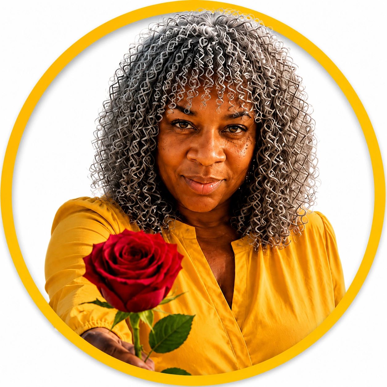 Gorgeous black woman offering a rose to viewers