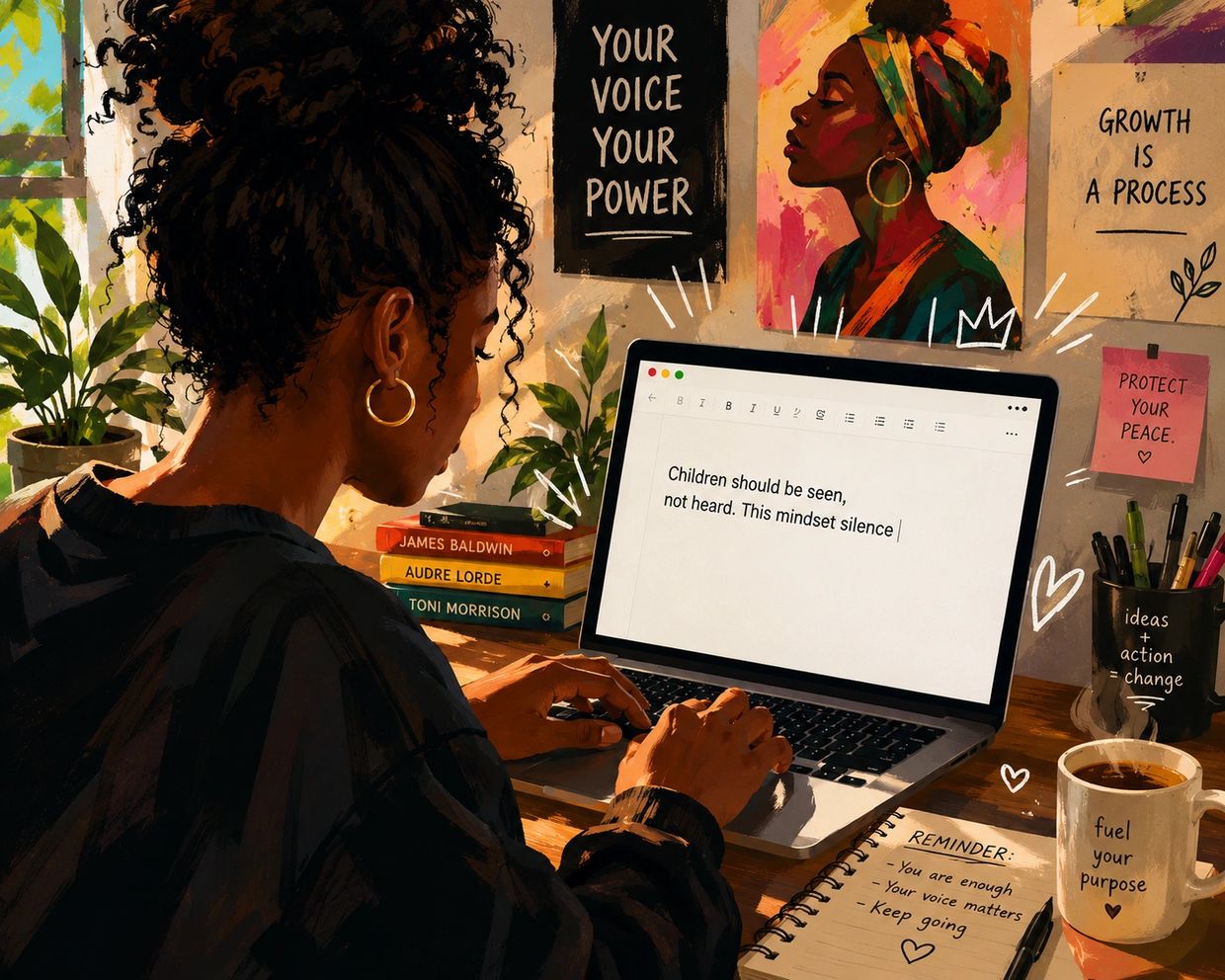 Woman typing on a laptop surrounded by motivational quotes and books by Black authors.