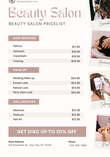 Lista de preços de um salão de beleza com serviços diversos.