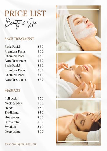 Lista de preços para tratamentos faciais e massagens em spa.