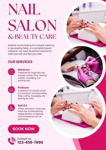 Cartaz de salão de beleza oferecendo manicure, pedicure e nail art.