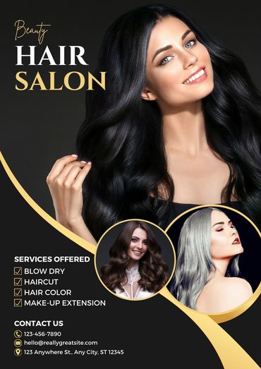 Anúncio de salão de beleza com serviços de cabelo e maquiagem.