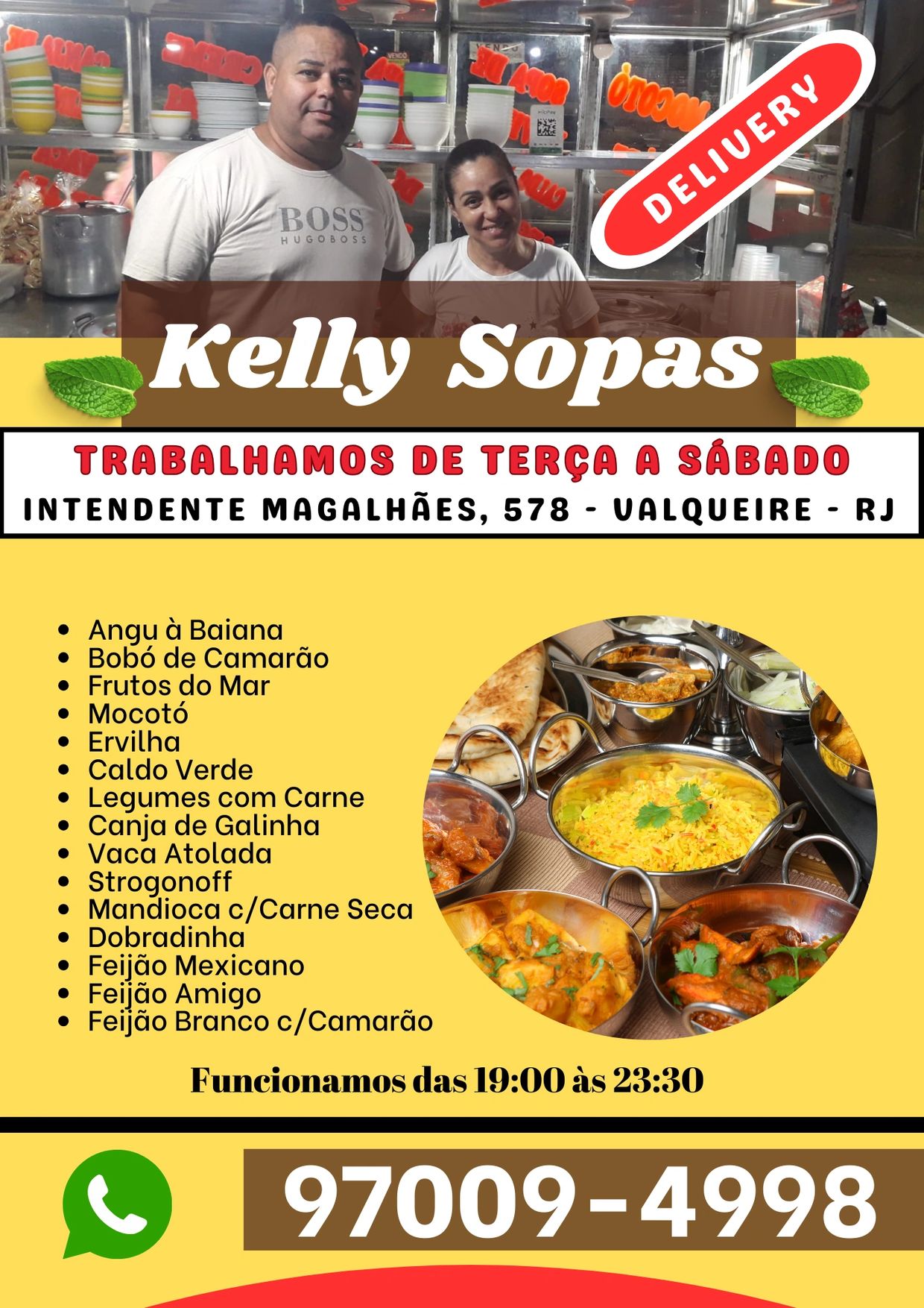 Promoção de sopas delivery em Valqueire, RJ, com vários pratos típicos.